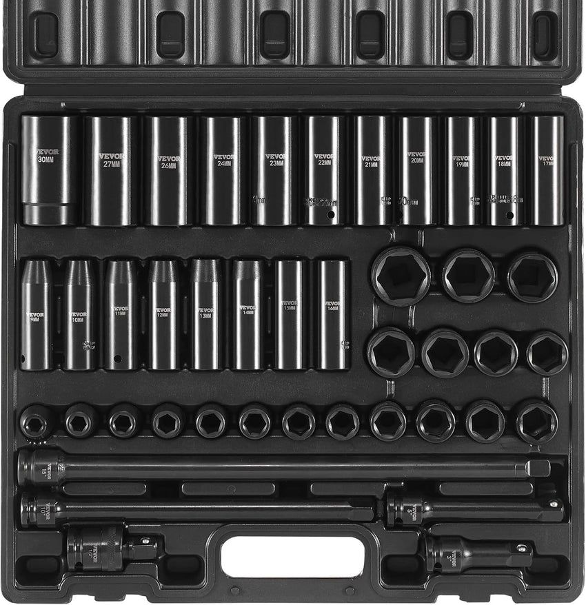 VEVOR Impact Socket Set 3/4 Inches 29 Piece Impact Sockets, 6-Point Sockets, Rugged Construction, CR-M0, 3/4 Inches Drive Socket Set Impact SAE 3/4 inch - 2-1/2 inch, with a Storage Cage