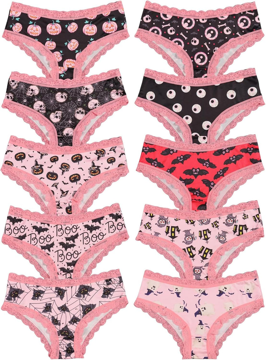 Morvia 10pcs Women's Gothic Contrast Lace Halloween Skull & Rose Print Hipster Panties Assorted Styles