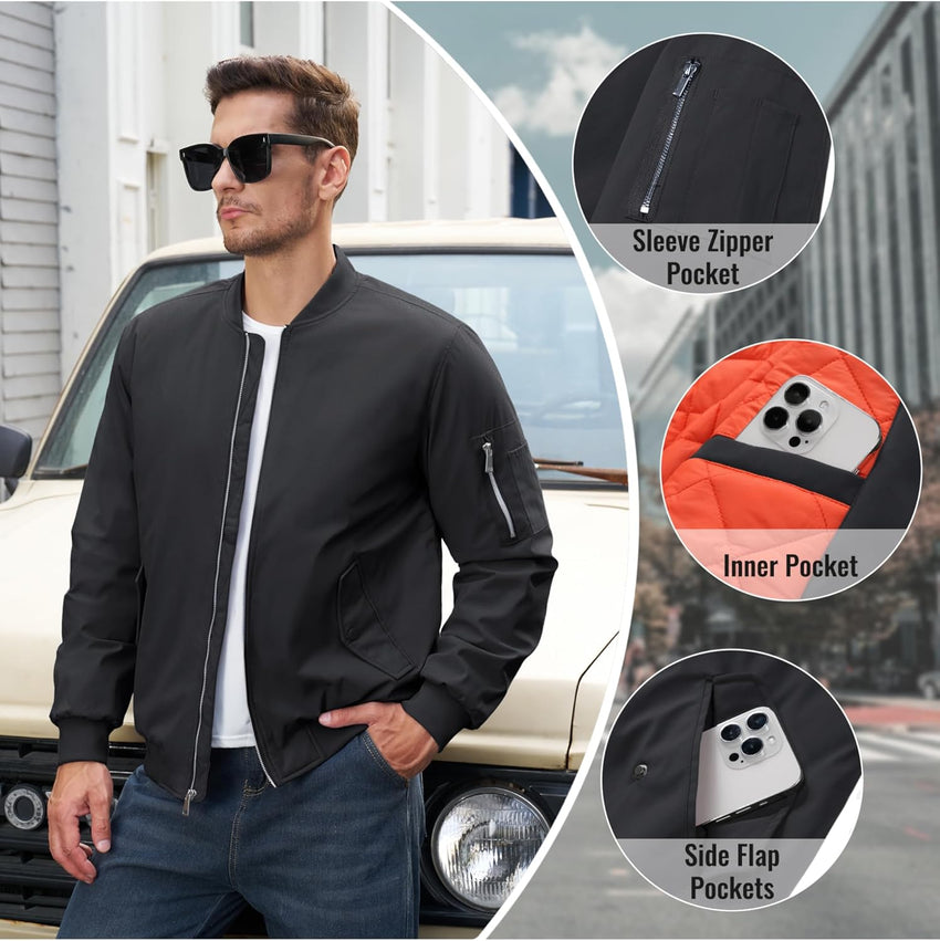 7DAY'SMens Bomber Jacket Windproof Windbreaker Thermal Quilted Jacket Warm Winter Padded Coats