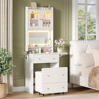 Maupvit Small Vanity Desk with Mirror and Lights, Modern Compact Make Up Vanity Set with Hidden Stool, Charging Station, Drawers, White Narrow Vanity Dressing Table with Fold-up Panel for Small Space
