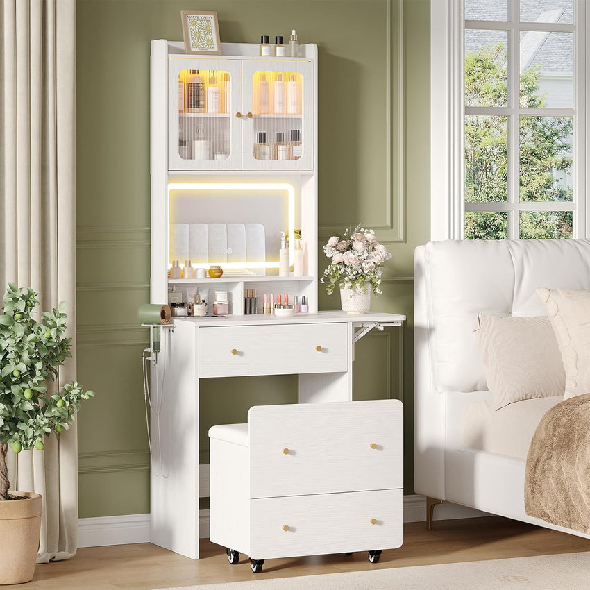 Maupvit Small Vanity Desk with Mirror and Lights, Modern Compact Make Up Vanity Set with Hidden Stool, Charging Station, Drawers, White Narrow Vanity Dressing Table with Fold-up Panel for Small Space