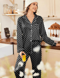 Ekouaer Womens Satin Pajama Set Classic Pattern Silky Pj Sets Button Down Sleepwear Loungewear