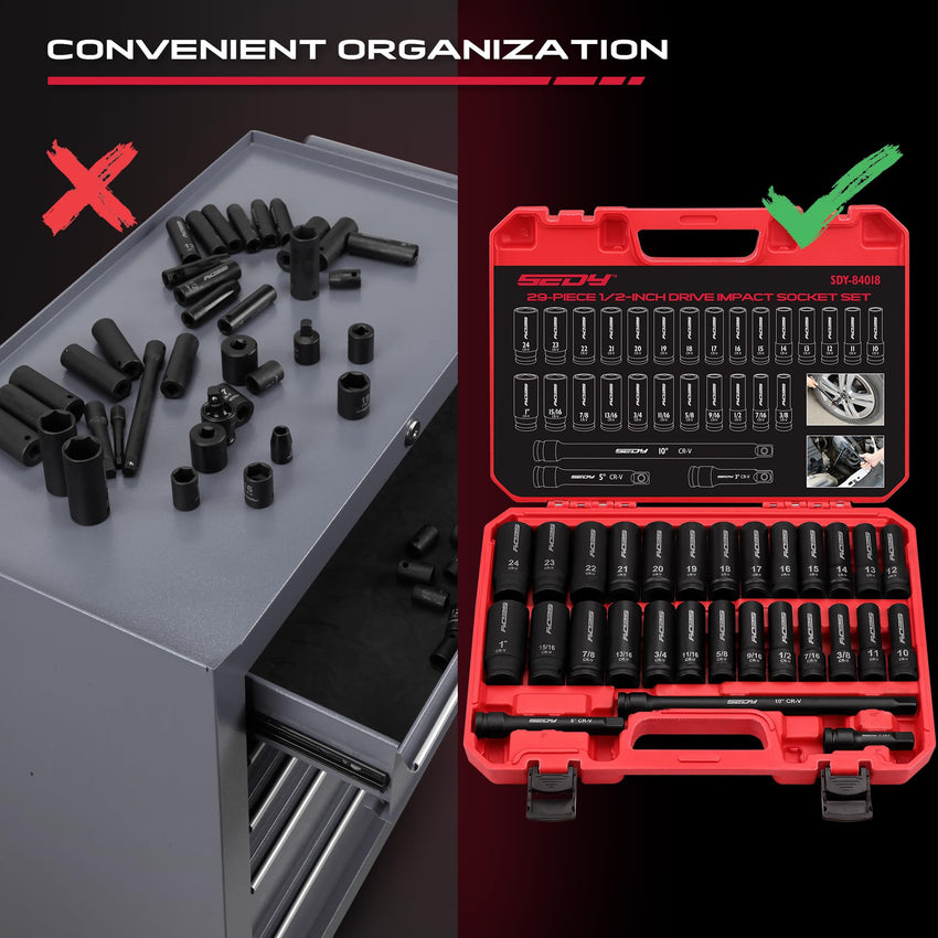 29-Piece 1/2" Drive Impact Socket Set, SAE (3/8 to 1 inch) and Metric (10-24mm) Sizes with Extension Bars Standard Deep Socket Set CR-V Material High Durability Impact Wrench