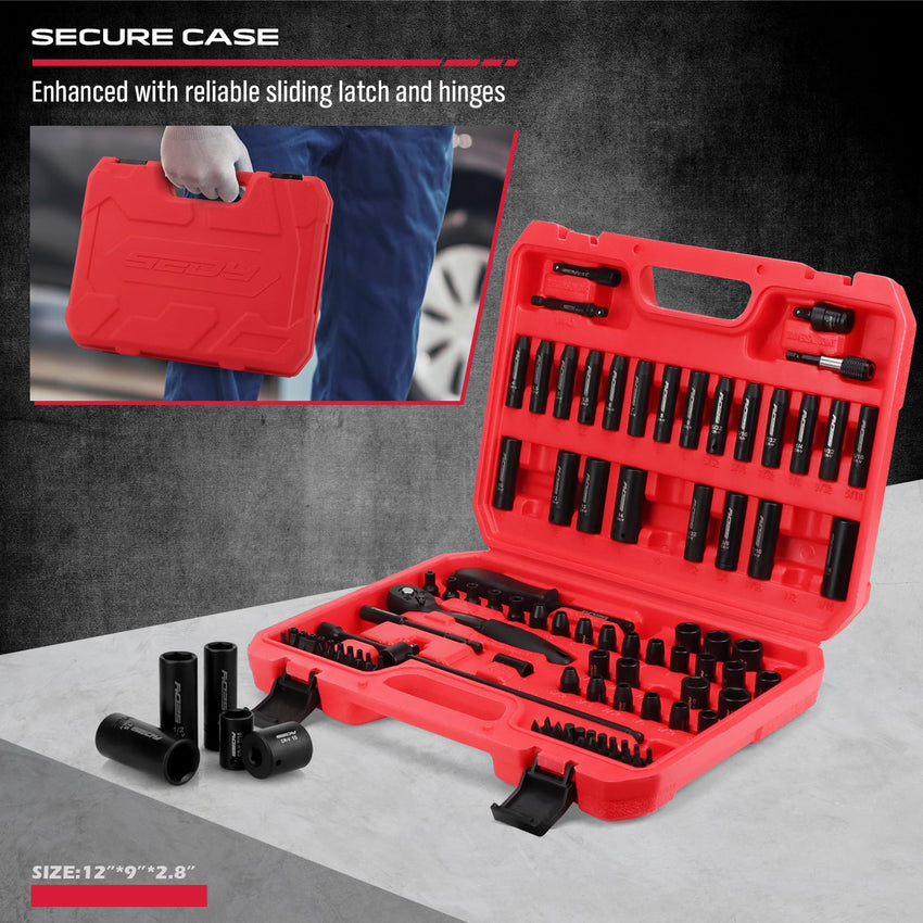 29-Piece 1/2" Drive Impact Socket Set, SAE (3/8 to 1 inch) and Metric (10-24mm) Sizes with Extension Bars Standard Deep Socket Set CR-V Material High Durability Impact Wrench