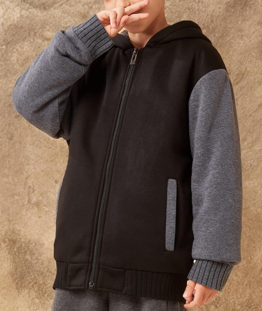 SWISSWELL Hooded Jacket for Boys Full Zip Ultra Soft Sherpa Fleece Hoodie Sweatshirt for Kids School Hooded Outerwear