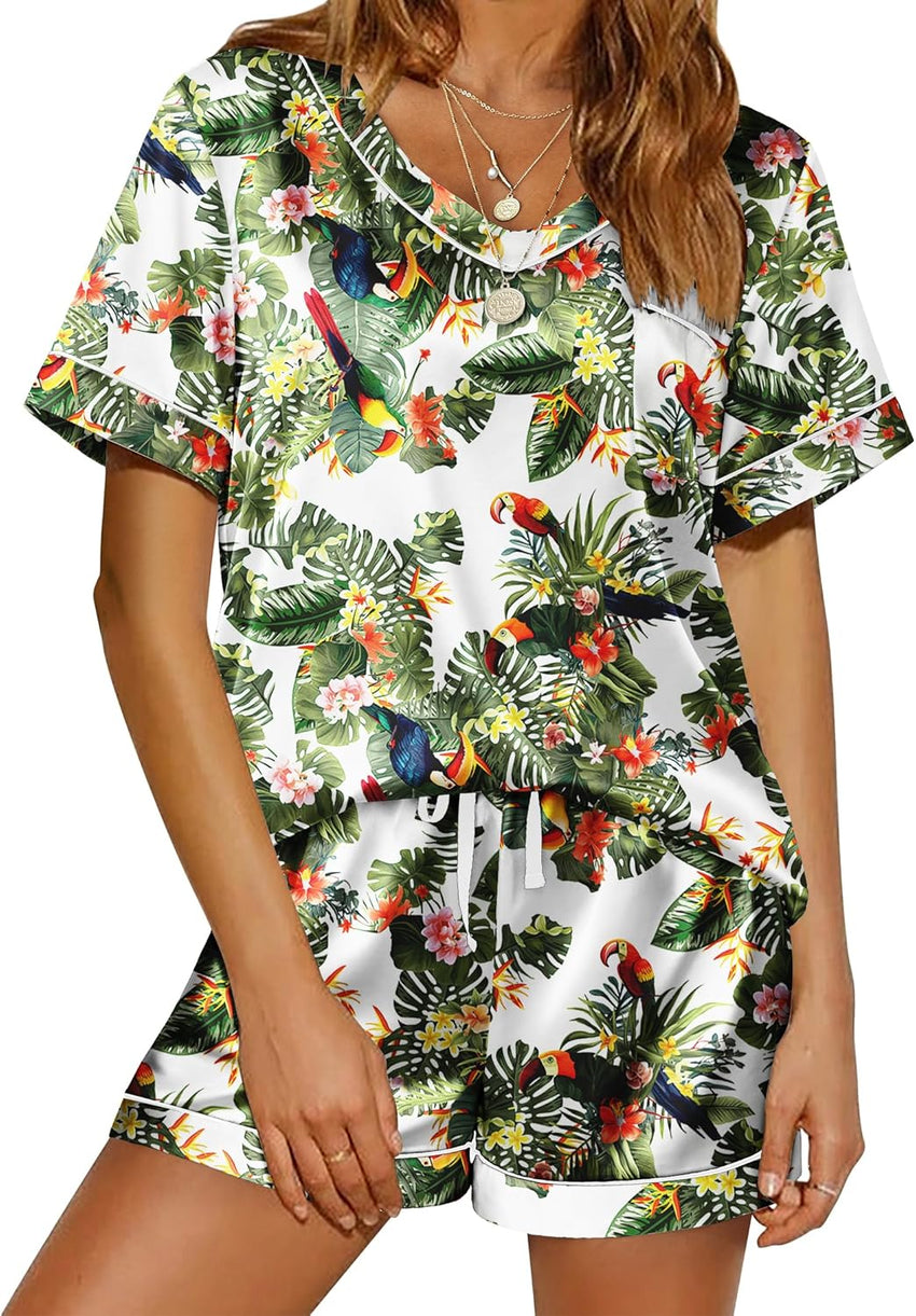 Ekouaer Silk Pajama for Women Short Sleeve Satin Pj Set Two Piece Soft Sleepwear Loungewear S-XXL