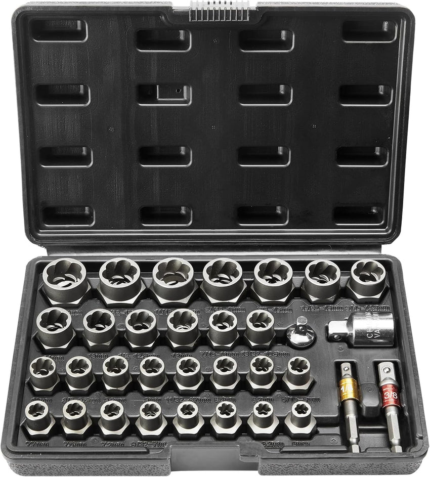 VEVOR Bolt Extractor Set, 32-Piece Bolt and Nut Remover Set, 6mm to 10mm, 13/32" to 3/4", CR-MO Steel Extraction Socket Set with Storage Case, for Removing Damaged Rusted Bolts, Nuts and Screws