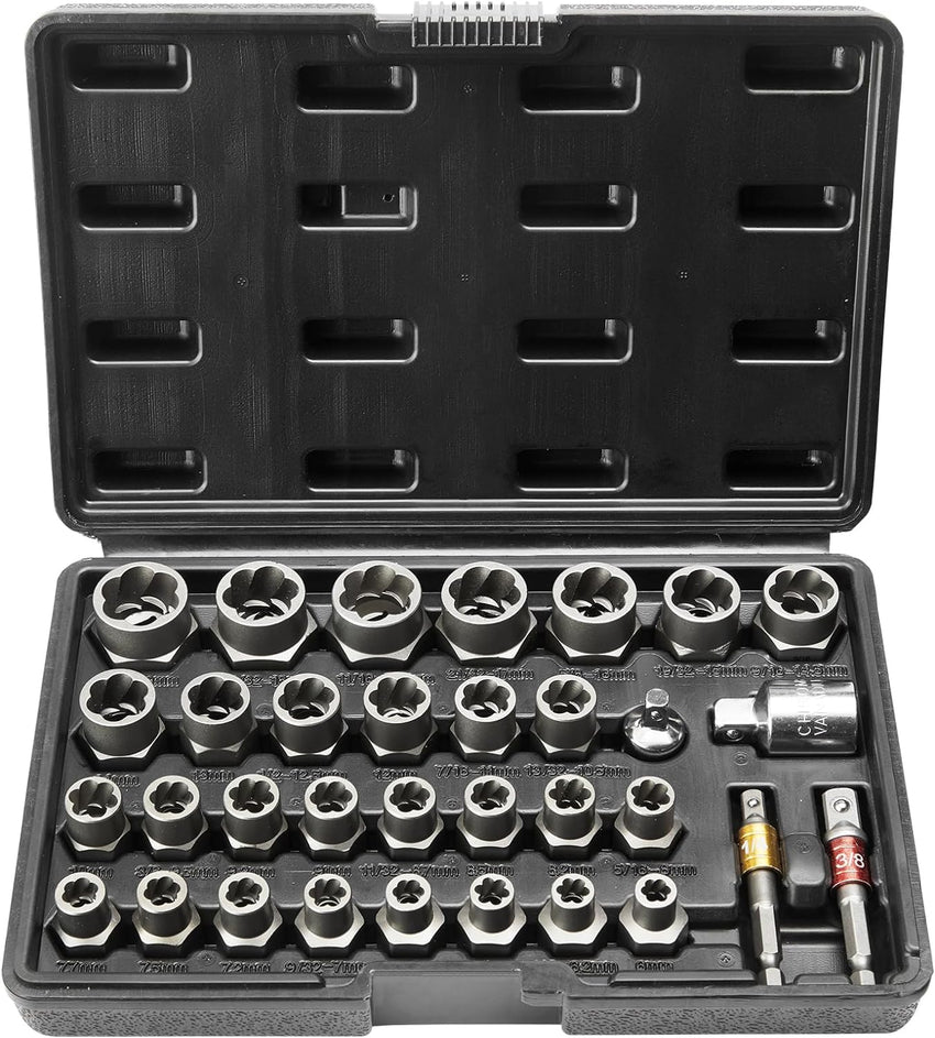 VEVOR Bolt Extractor Set, 32-Piece Bolt and Nut Remover Set, 6mm to 10mm, 13/32" to 3/4", CR-MO Steel Extraction Socket Set with Storage Case, for Removing Damaged Rusted Bolts, Nuts and Screws