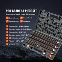 VEVOR Impact Socket Set 3/8" Drive, 48-Piece Standard SAE (5/16 to 3/4 inch) & Metric (8 to 22 mm) Size, Deep & Shallow, 6 Point, CR-V, Extension Bar, Universal Joint, 1/2" F to 3/8" M Reducer