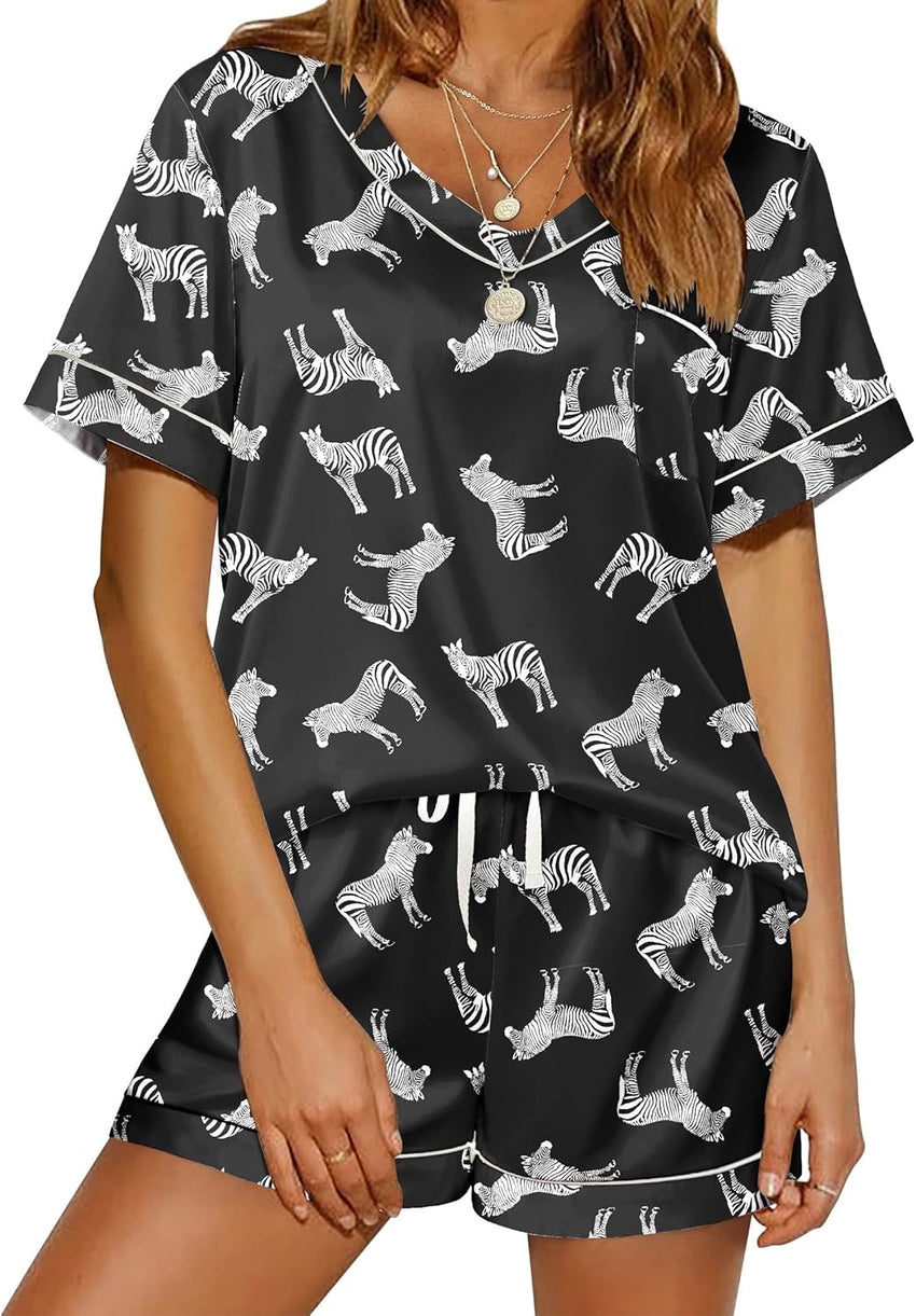 Ekouaer Silk Pajama for Women Short Sleeve Satin Pj Set Two Piece Soft Sleepwear Loungewear S-XXL