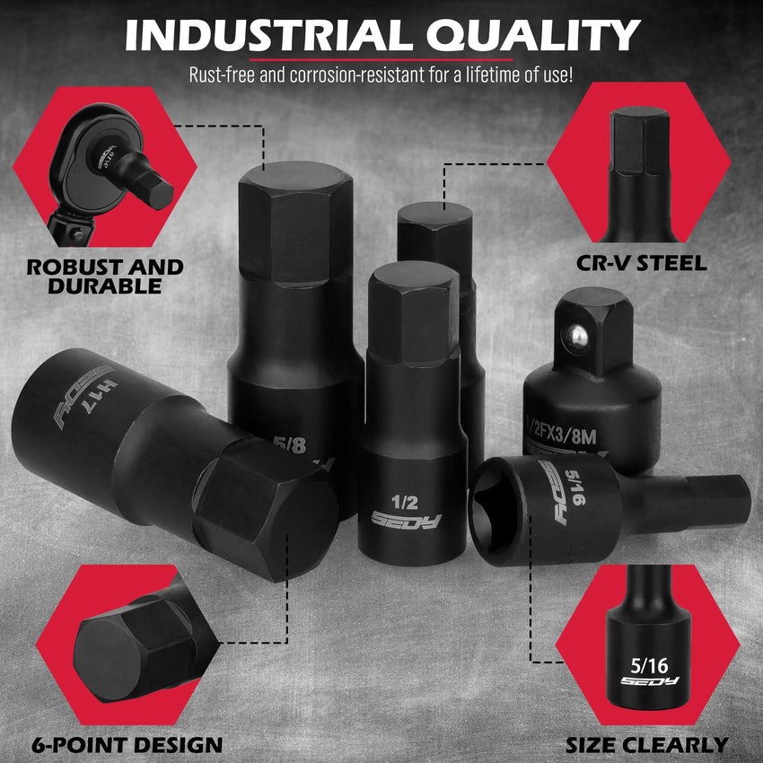 Hex Bit Impact Socket Set: 36-Piece with 4 Adapters, 1/4" 3/8" 1/2" Drive Master Allen Impact Socket Set, SAE and Metric, H5-H19 & 3/4"-5/64", Heavy Duty Storage Case, Automotive Mechanic