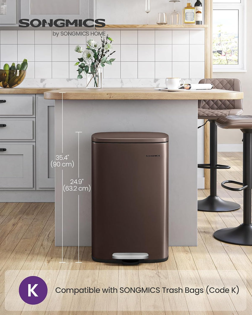 SONGMICS 13 Gallon (50 L) Trash Can, Stainless Steel Kitchen Garbage Can, Recycling or Waste Bin, Soft Close, Step-On Pedal, Removable Inner Bucket, Brown ULTB50BR