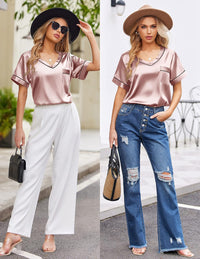 Ekouaer Silk Pajama for Women Short Sleeve Satin Pj Set Two Piece Soft Sleepwear Loungewear S-XXL