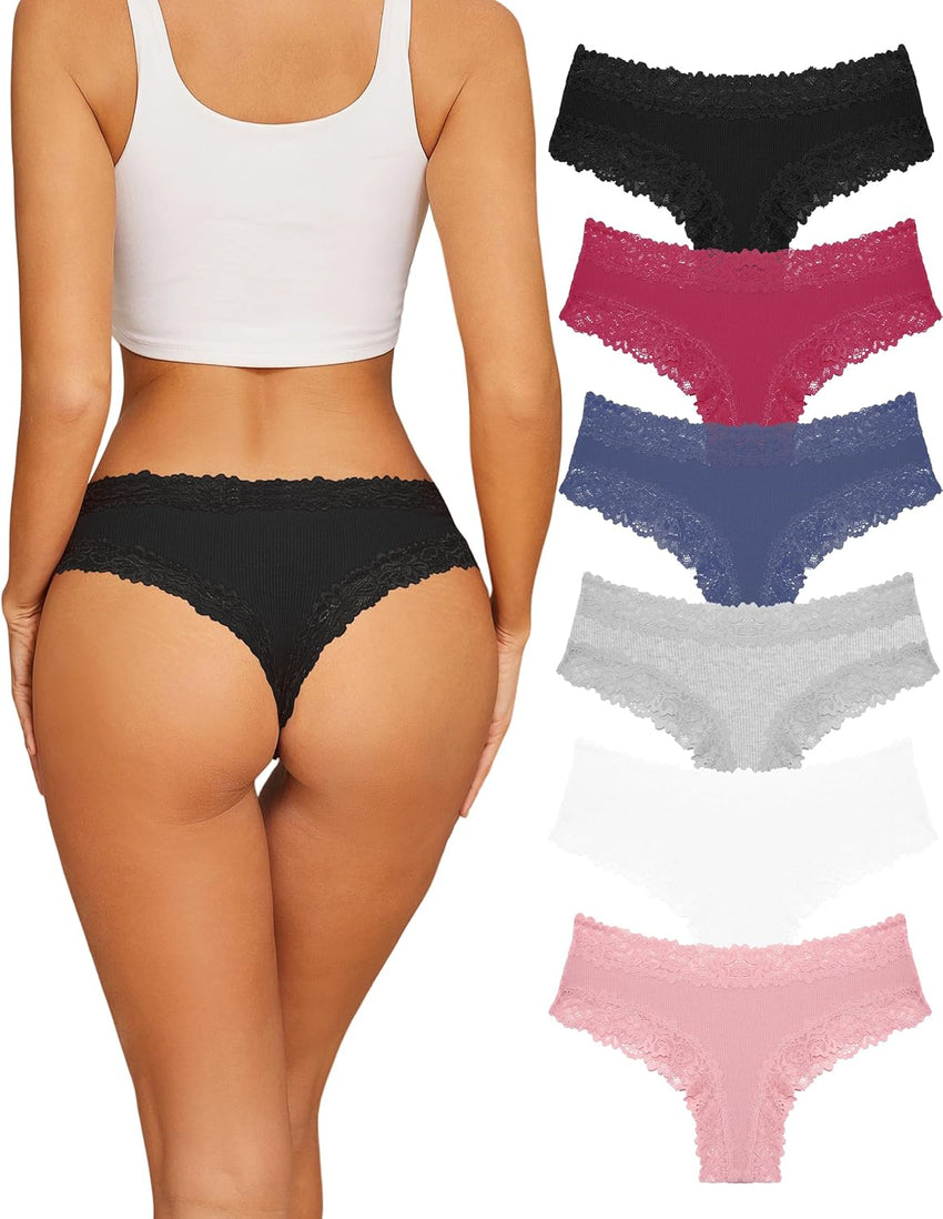 Sth Big Womens Cotton Underwear Sexy Lace Brazilian Panties Soft Breathable Cotton Bikini for Ladies 6 Pack