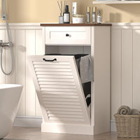 Spurgehom Tilt Out Trash Cabinet,13 Gallon Louvered Door Laundry Hamper Cabinet with Hideaway Drawers,Freestanding Garbage Can Cabinets for Kitchen & Living Room,White