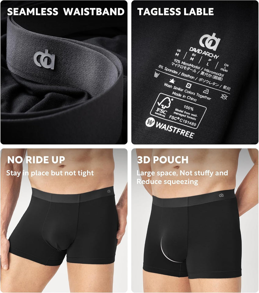 DAVID ARCHY Men's Underwear Trunks Modal Support Pouch Ultra Soft Breathable Seamless Underwear for Men 4 Pack