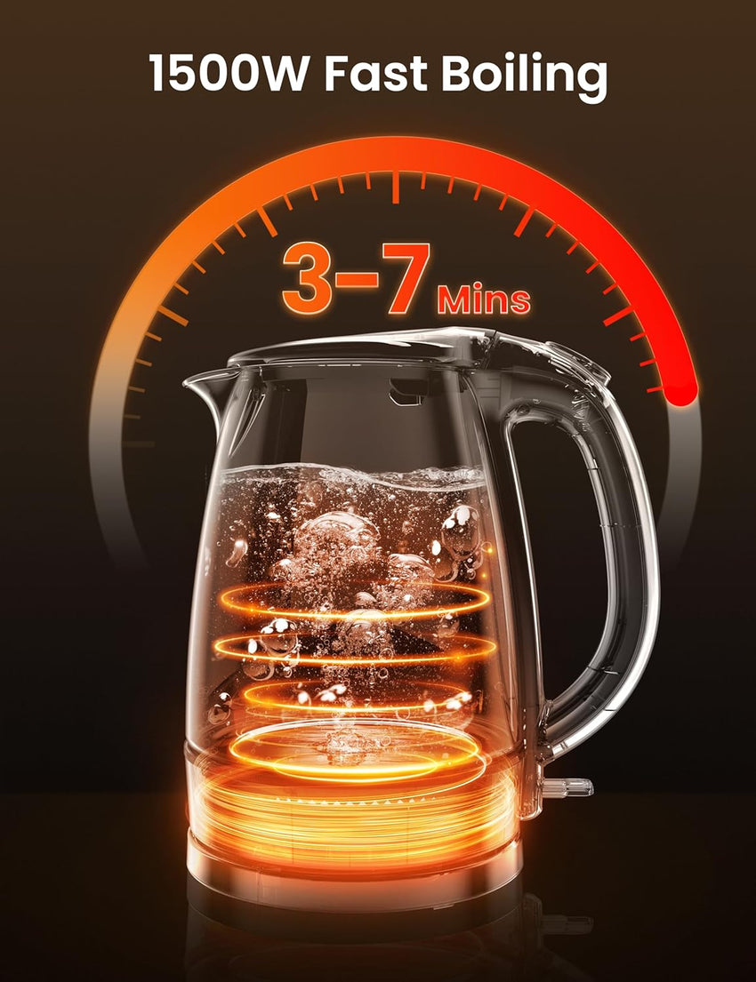 Electric Kettle Water Boiler, 1.8L Electric Tea Kettle, Wide Opening Hot Water Boiler With LED Light, Auto Shut-Off & Boil Dry Protection, Glass Black