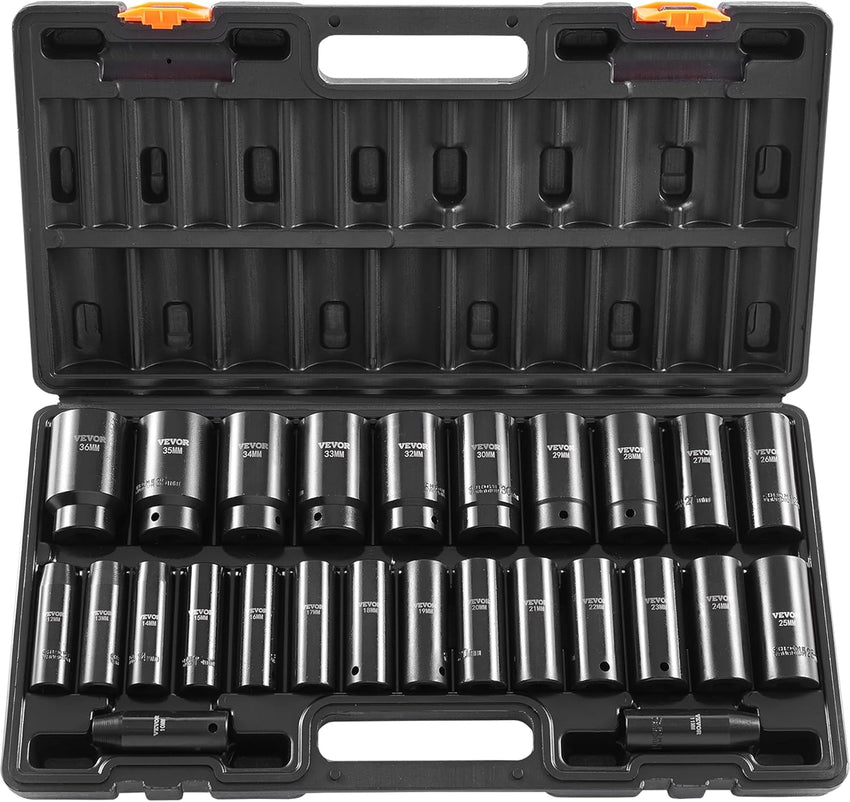 VEVOR Impact Socket Set 3/8" Drive, 48-Piece Standard SAE (5/16 to 3/4 inch) & Metric (8 to 22 mm) Size, Deep & Shallow, 6 Point, CR-V, Extension Bar, Universal Joint, 1/2" F to 3/8" M Reducer