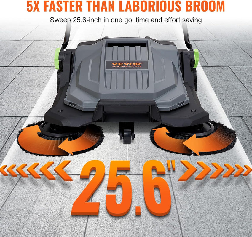 VEVOR Walk-Behind Hand Push Floor Sweeper, 25.6" Sweeping Width Floor Sweeper Manual Non-Electric, 5-Gallon Waste Container, Angle & Height Adjustable Folding Handle for Walkway, Yard, Garage, Patio