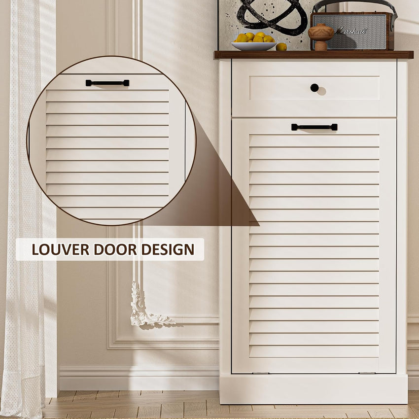 Spurgehom Tilt Out Trash Cabinet,13 Gallon Louvered Door Laundry Hamper Cabinet with Hideaway Drawers,Freestanding Garbage Can Cabinets for Kitchen & Living Room,White