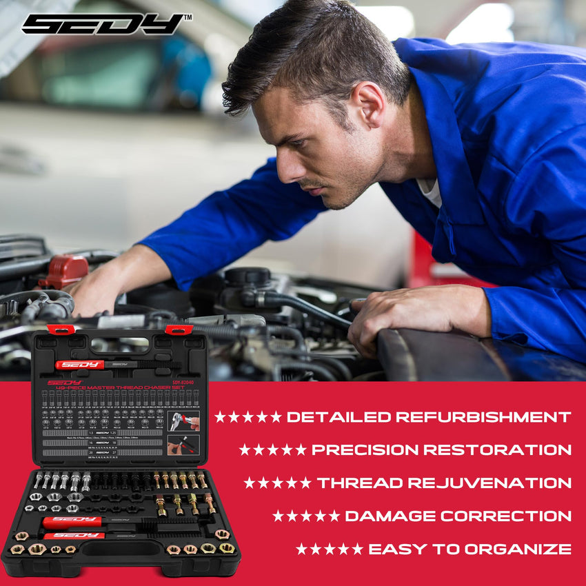 Thread Repair Thread Chaser Tool Set - 49PCS Thread Cleaner Rethreading Master Kit Metric SAE Bolt Restorer File Nut Rethreader Automotive Wheel Stud Spark Plug Engine Standard Screw Threading UNC UNF