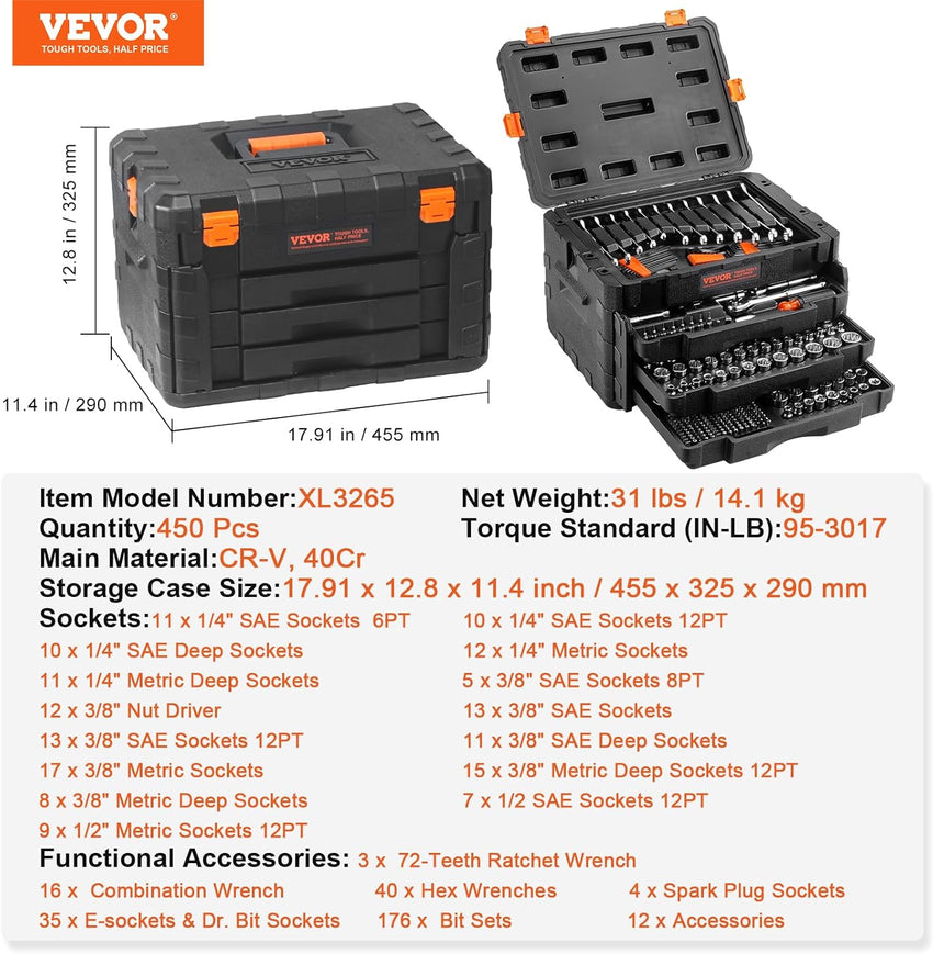 VEVOR Mechanics Tool Set and Socket Set, 1/4" 3/8" 1/2" Drive Deep and Standard Sockets, 450 Pcs SAE and Metric Mechanic Tool Kit with Bits, Combination Wrench, Hex Wrenches, Accessories, Storage Case