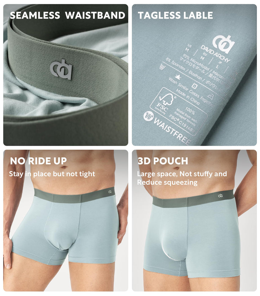 DAVID ARCHY Men's Underwear Trunks Modal Support Pouch Ultra Soft Breathable Seamless Underwear for Men 4 Pack