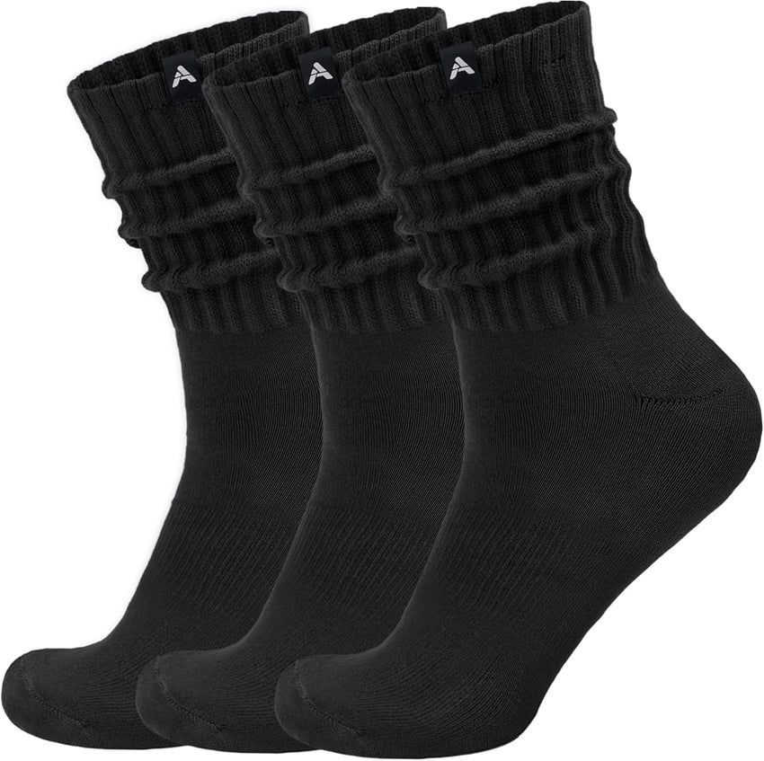 Scrunch Slouch Crew Socks Retro Ribbed Cotton Cushioned 3 Pack Boot Sneaker Gym Cozy Calf Socks For Men & Women