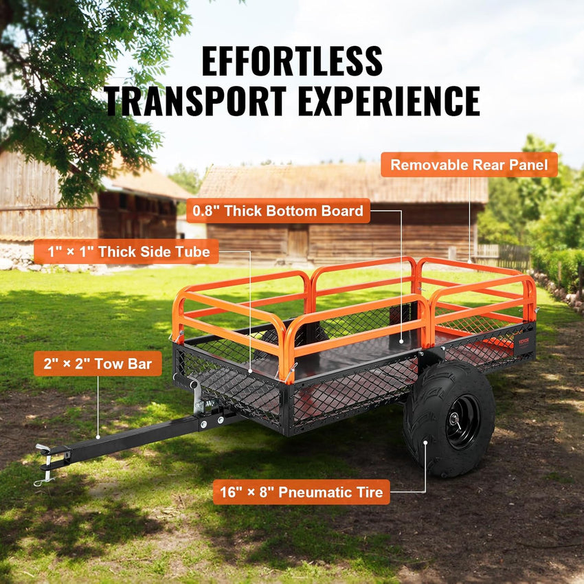 VEVOR ATV UTV Trailer Tow Behind Dump Cart, 1500lbs 15 Cubic Feet, Heavy Duty Yard Garden Trailer Pull Behind Dump Trailer for Lawn Mower Tractor