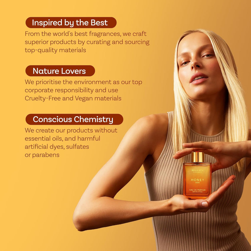 BellaVita Luxury Honey Oud Eau de Parfum (3.4 fl. oz.) | Patchouli, Vanilla, Bergamot, Floral & Spicy + Made with Clean & Vegan Essentials Oils + Cruelty Free | Long-Lasting Unisex Fragrance