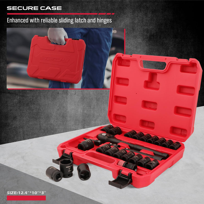 29-Piece 1/2" Drive Impact Socket Set, SAE (3/8 to 1 inch) and Metric (10-24mm) Sizes with Extension Bars Standard Deep Socket Set CR-V Material High Durability Impact Wrench