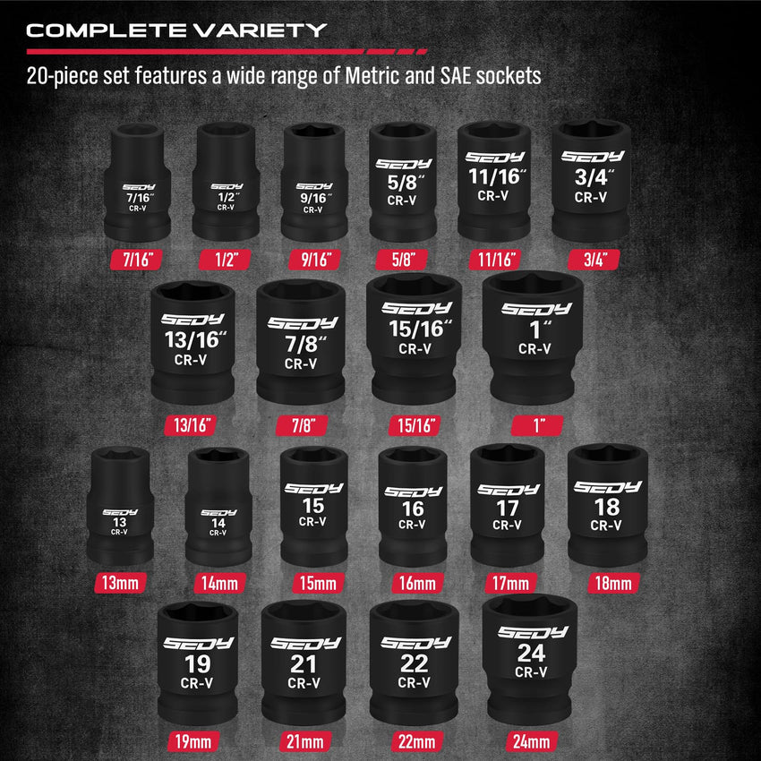 29-Piece 1/2" Drive Impact Socket Set, SAE (3/8 to 1 inch) and Metric (10-24mm) Sizes with Extension Bars Standard Deep Socket Set CR-V Material High Durability Impact Wrench