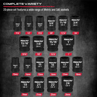29-Piece 1/2" Drive Impact Socket Set, SAE (3/8 to 1 inch) and Metric (10-24mm) Sizes with Extension Bars Standard Deep Socket Set CR-V Material High Durability Impact Wrench