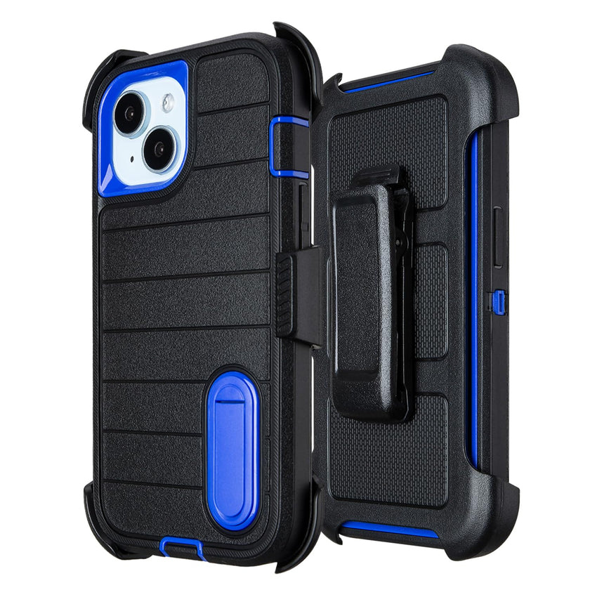 for Rugged iPhone 15 Case with Belt Clip Holster, Military Grade Heavy Duty Shockproof Cover for iPhone15 Case Protective with Stand 6.1 Inch (Black+Blue)