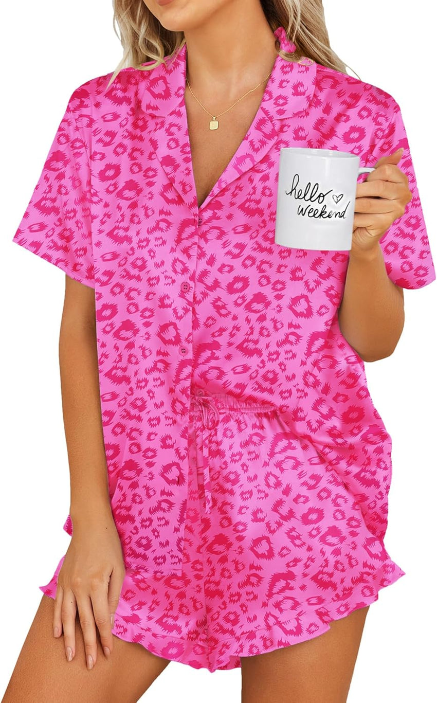 Ekouaer Womens Satin Pajamas Set Button Down 2 Piece Silk Pjs Shorts Set Ruffle Lingerie Notch Collar Sleepwear