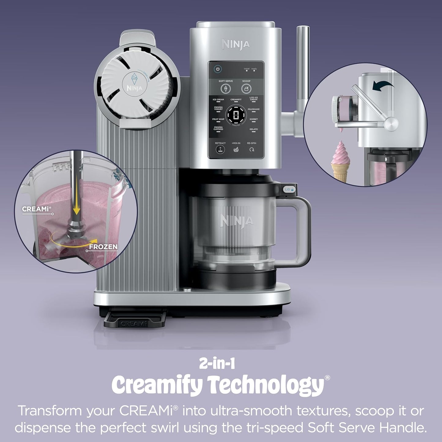 Ninja CREAMi Scoop & Swirl Ice Cream and Soft Serve Maker, Sorbet, Milkshake, Frozen Yogurt, Low Calories Program & More, 13-in-1, Soft Serve Handle & (2) CREAMi 2-in-1 16oz Pints, NC701
