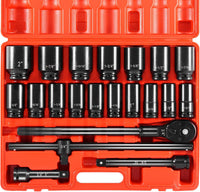 VEVOR Impact Socket Set 3/8" Drive, 48-Piece Standard SAE (5/16 to 3/4 inch) & Metric (8 to 22 mm) Size, Deep & Shallow, 6 Point, CR-V, Extension Bar, Universal Joint, 1/2" F to 3/8" M Reducer