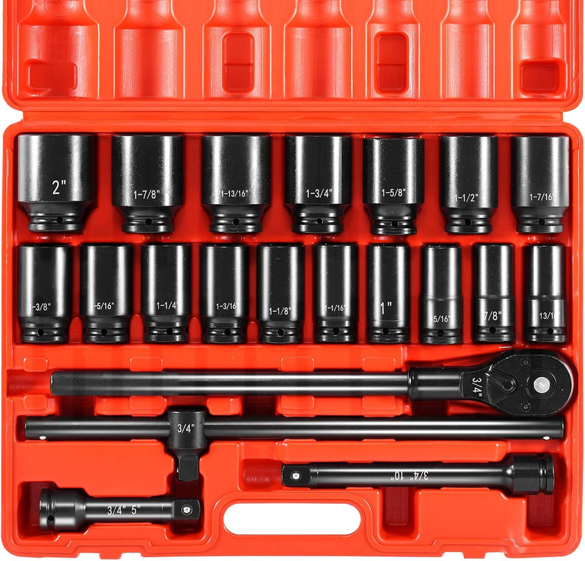VEVOR Impact Socket Set 3/8" Drive, 48-Piece Standard SAE (5/16 to 3/4 inch) & Metric (8 to 22 mm) Size, Deep & Shallow, 6 Point, CR-V, Extension Bar, Universal Joint, 1/2" F to 3/8" M Reducer