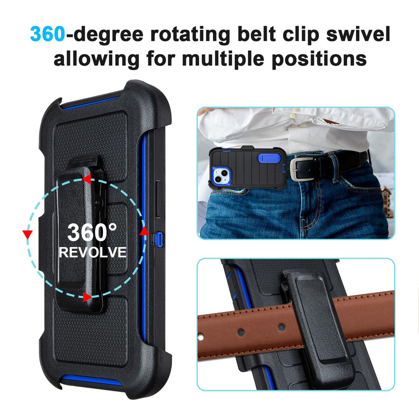 for Rugged iPhone 15 Case with Belt Clip Holster, Military Grade Heavy Duty Shockproof Cover for iPhone15 Case Protective with Stand 6.1 Inch (Black+Blue)