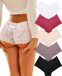 Sexy Underwear Panties for Women Cheeky V Waist Lace Boyshorts Plus Size Underwear Women 5 Pack