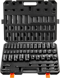VEVOR Impact Socket Set 3/8" Drive, 48-Piece Standard SAE (5/16 to 3/4 inch) & Metric (8 to 22 mm) Size, Deep & Shallow, 6 Point, CR-V, Extension Bar, Universal Joint, 1/2" F to 3/8" M Reducer