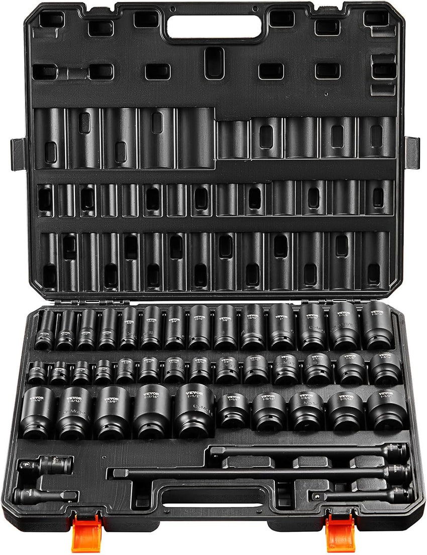 VEVOR Impact Socket Set 3/8" Drive, 48-Piece Standard SAE (5/16 to 3/4 inch) & Metric (8 to 22 mm) Size, Deep & Shallow, 6 Point, CR-V, Extension Bar, Universal Joint, 1/2" F to 3/8" M Reducer