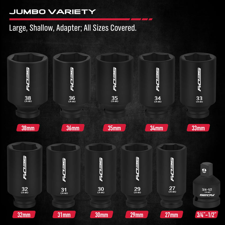 29-Piece 1/2" Drive Impact Socket Set, SAE (3/8 to 1 inch) and Metric (10-24mm) Sizes with Extension Bars Standard Deep Socket Set CR-V Material High Durability Impact Wrench