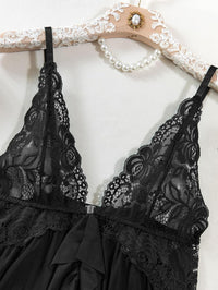 Sexy Open Front V Neck Ruffle Sheer Mesh Lace Wireless Babydoll Lingerie Dress with Thong 2 Piece
