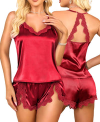 RSLOVE Women Pajama Set Sleepwear - Satin Pajamas Silk V Neck Cami and Shorts Pjs 2 Piece Womens Sexy Lace Lounge Nightwear