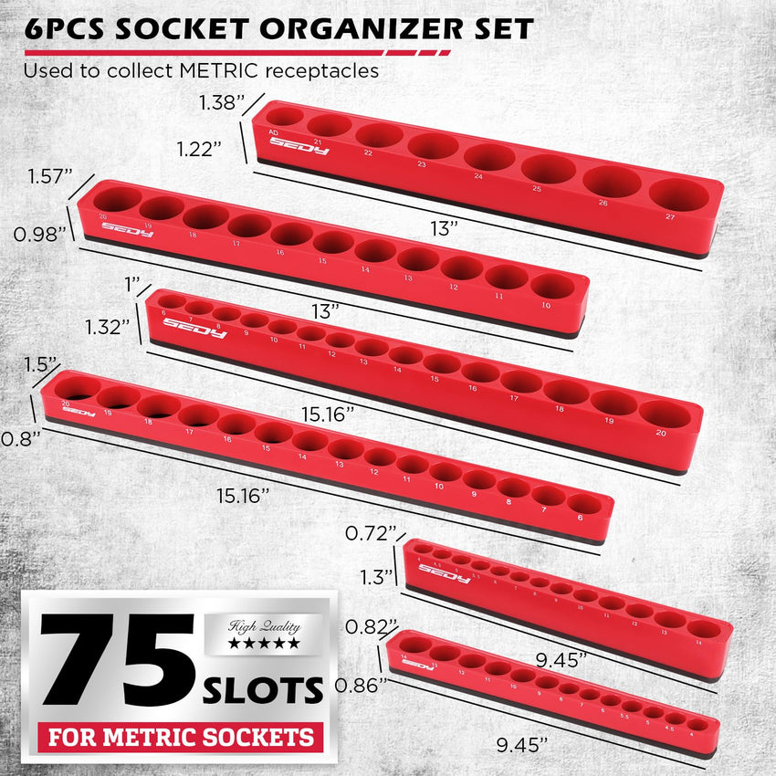 Magnetic Socket Holder Organizer Set: 6-Piece Detachable 1/2 3/8 1/4 Drive Sockets Storage Tray Magnetic Socket Organizer Tool Box Drawer Tool Box Organizers Storage Metric SAE (Sockets Not Included)