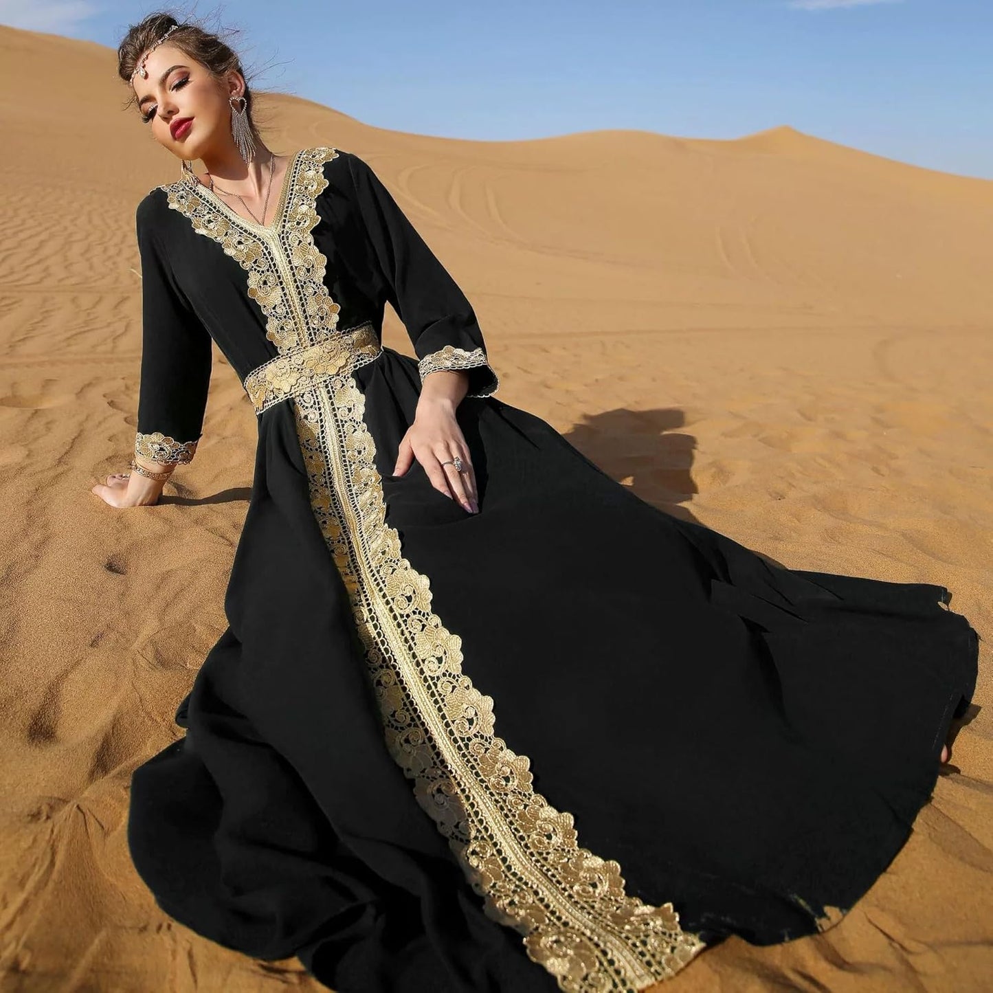 PolyJolly Gold Applique Abaya Dress for Women Dubai Sadui Fancy Moroccan Arabic Jalabiya Eid Collection