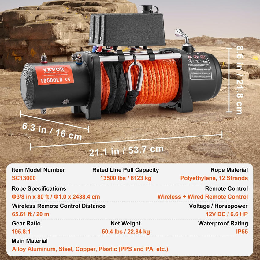 VEVOR 13,500 lb Electric, Truck Winch 12V DC 3/8 in x 80 ft Synthetic Rope Aluminum Fairlead Wireless & Wired Remote Control, 13500 lbs, IP55 Waterproof Towing for Off Road Jeep SUV Boat