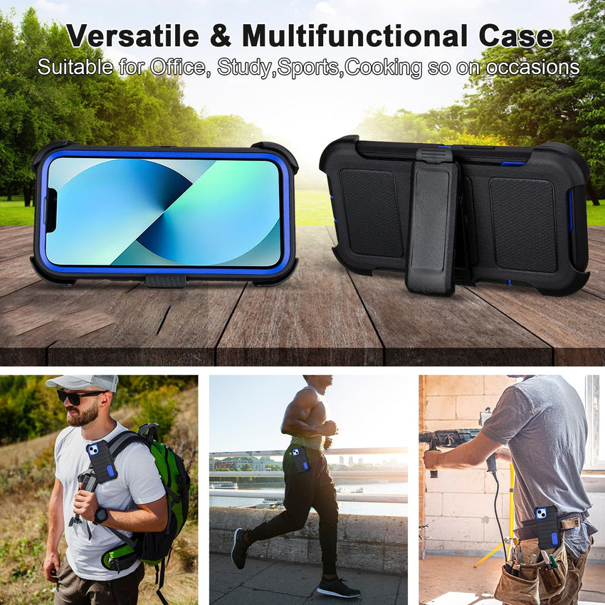 for Phone case iPhone 13 Case with Belt Clip, Heavy Duty Military Grade Drop iPhone13 Protective Case, Shockproof Defender Cover for iPhone 13 Cases 6.1 inch (Black+Blue)
