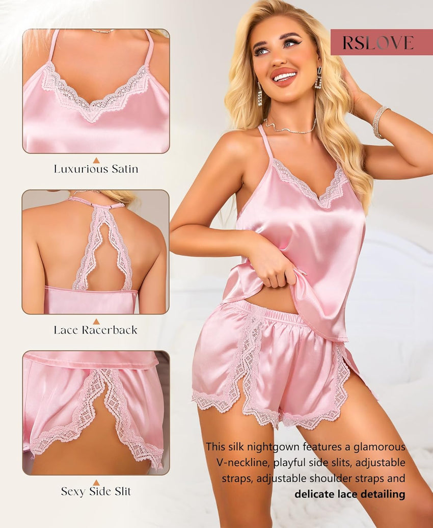 RSLOVE Women Pajama Set Sleepwear - Satin Pajamas Silk V Neck Cami and Shorts Pjs 2 Piece Womens Sexy Lace Lounge Nightwear